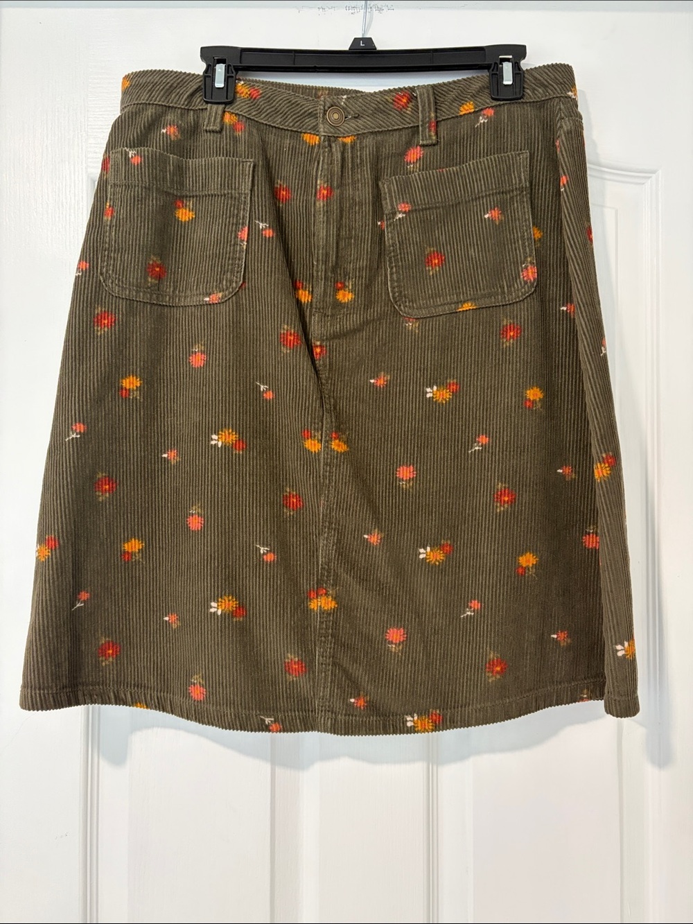 Olive Green Floral Corduroy A-Line Skirt